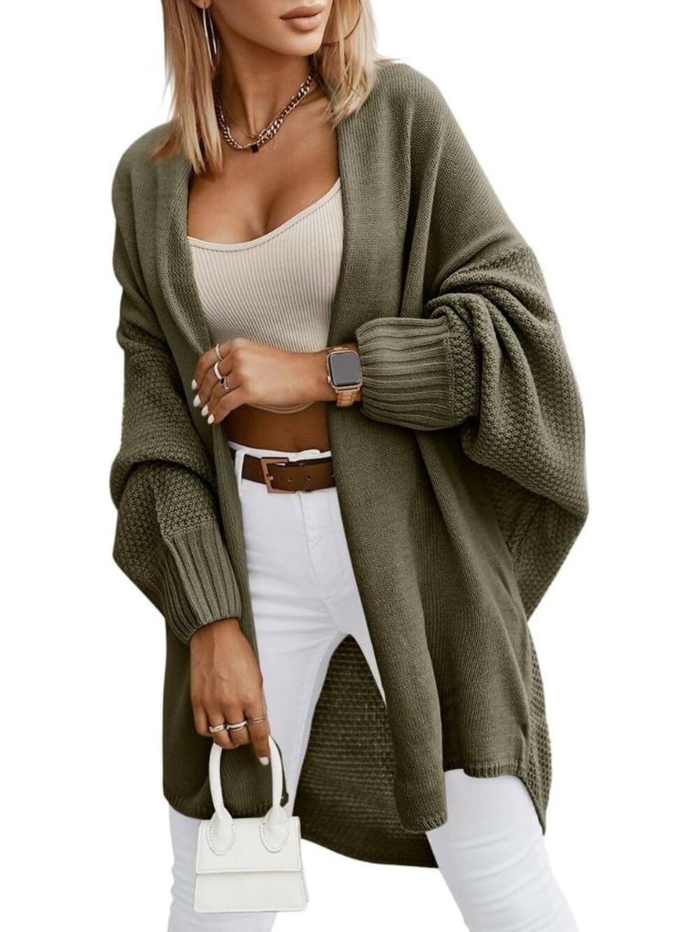 Women Army Green Batwing Sleeve Soft Comfy Dressy Long Open Front Clothes